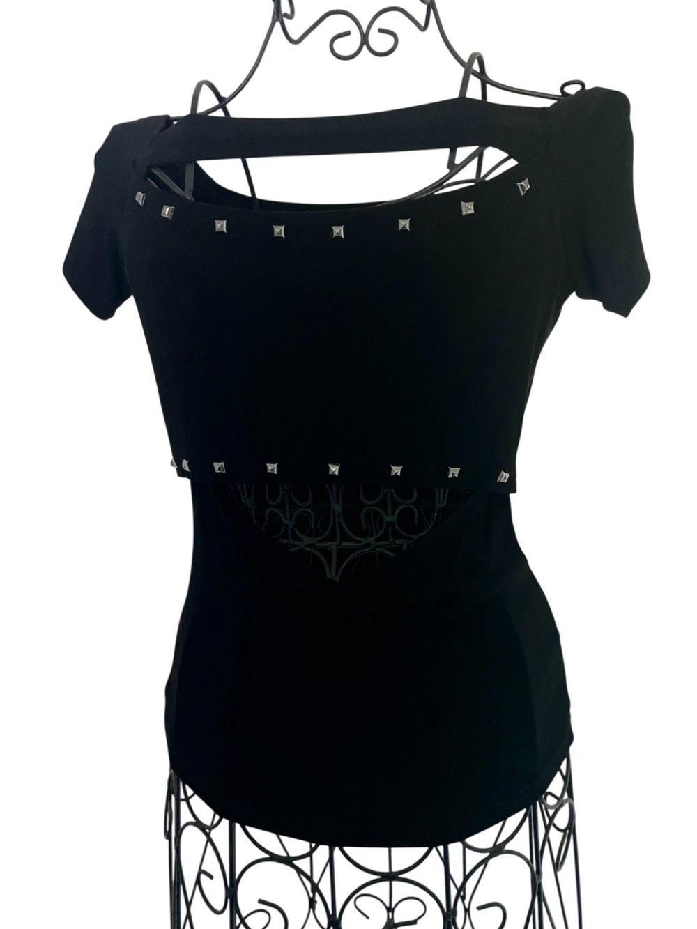 Handcrafted Black Stud-Trim Cut Out 2000s Women's Top - Picture 4 of 14